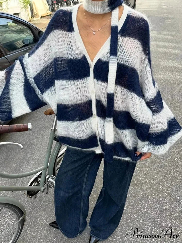 Y2K Banded Relaxed Cardigan Sweater swraters-241228