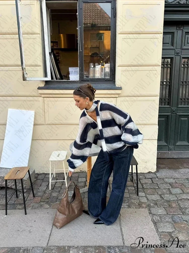 Y2K Banded Relaxed Cardigan Sweater swraters-241228