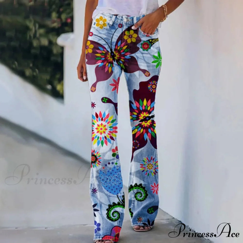 Y2K Bootcut Flared Aesthetics Print Jeans blue / S