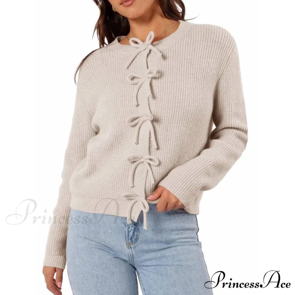 Y2K Bow Front Round Neck Cardigan beige / S