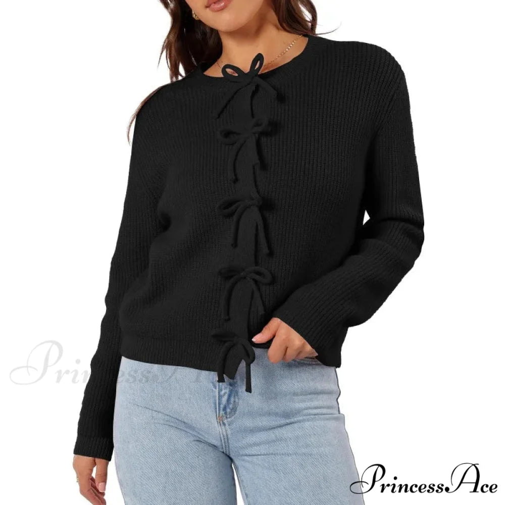 Y2K Bow Front Round Neck Cardigan black / S