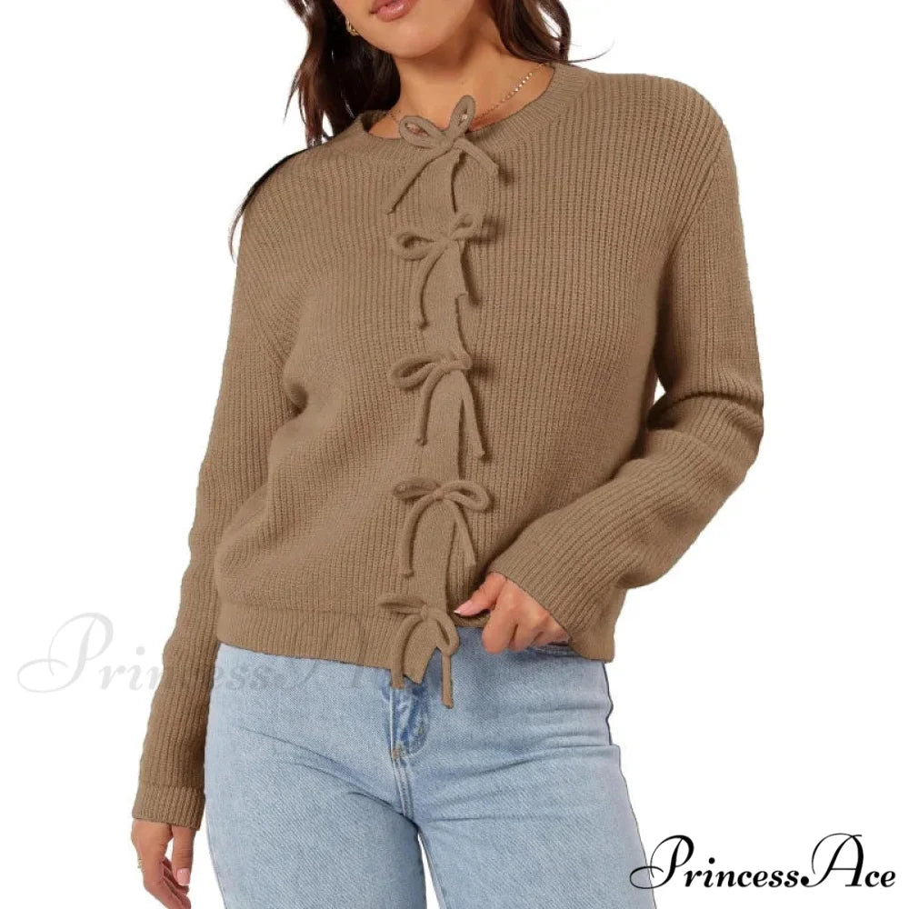 Y2K Bow Front Round Neck Cardigan brown / S