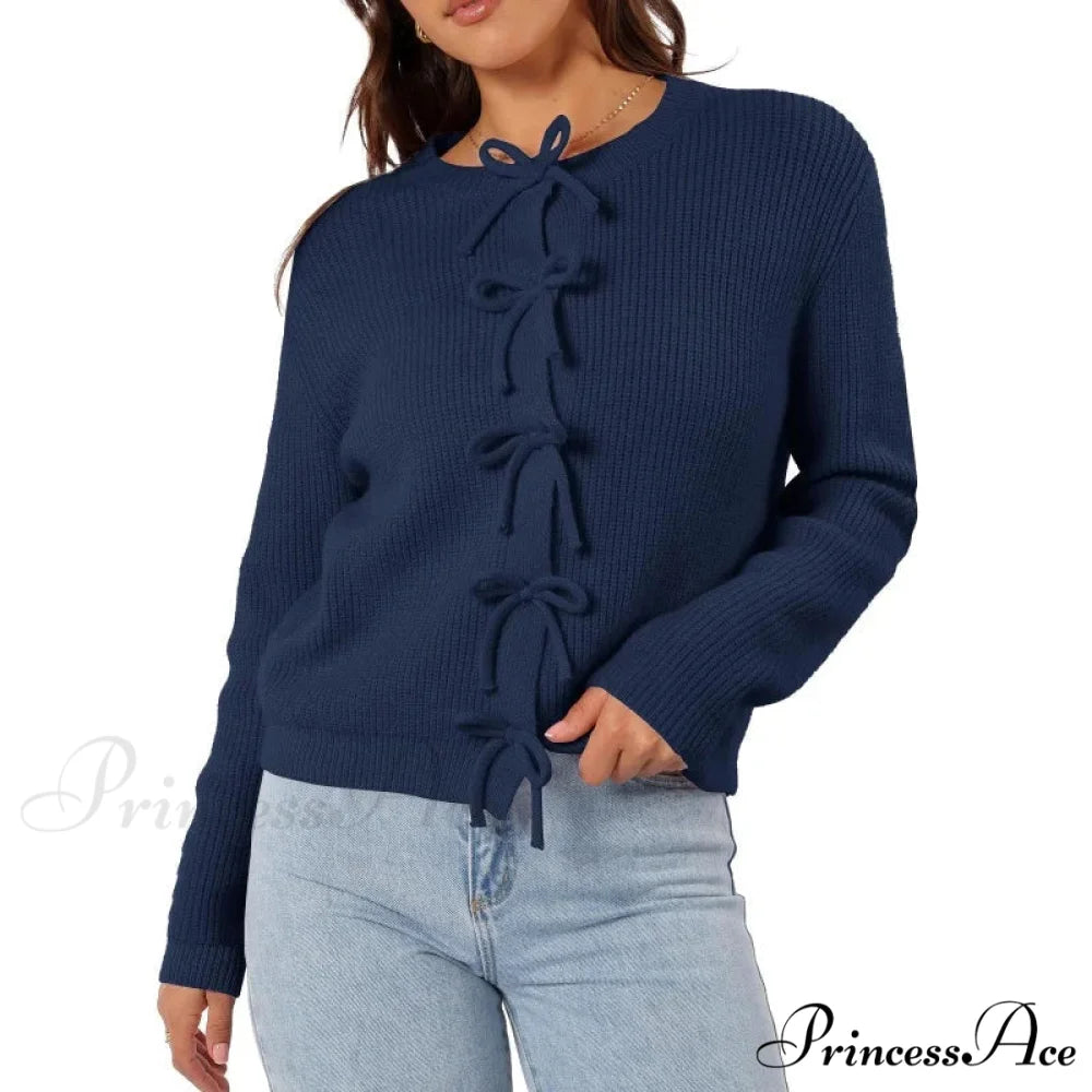 Y2K Bow Front Round Neck Cardigan dark blue / S