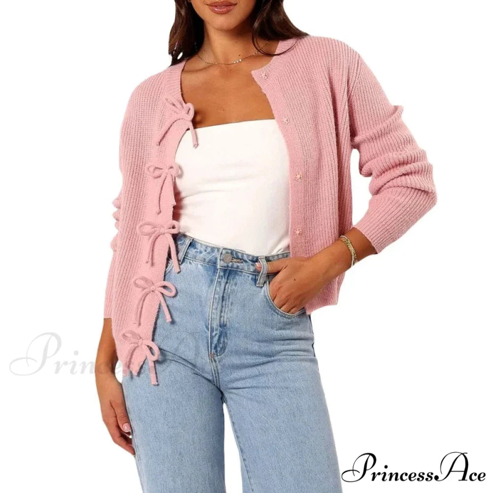 Y2K Bow Front Round Neck Cardigan pink / S