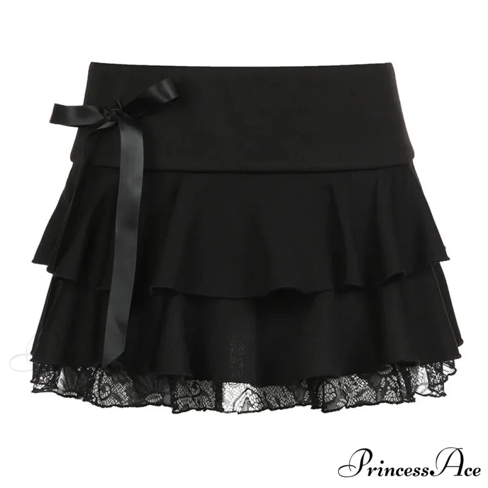 Y2k Bow Lace Trim A-line Party Mini Mall Gothic Ruffles Low Waist Black Women Lolita Fashion Skirt Black / S