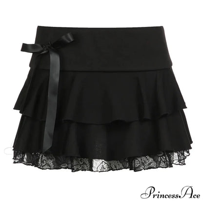 Y2k Bow Lace Trim A-line Party Mini Mall Gothic Ruffles Low Waist Black Women Lolita Fashion Skirt Black / S