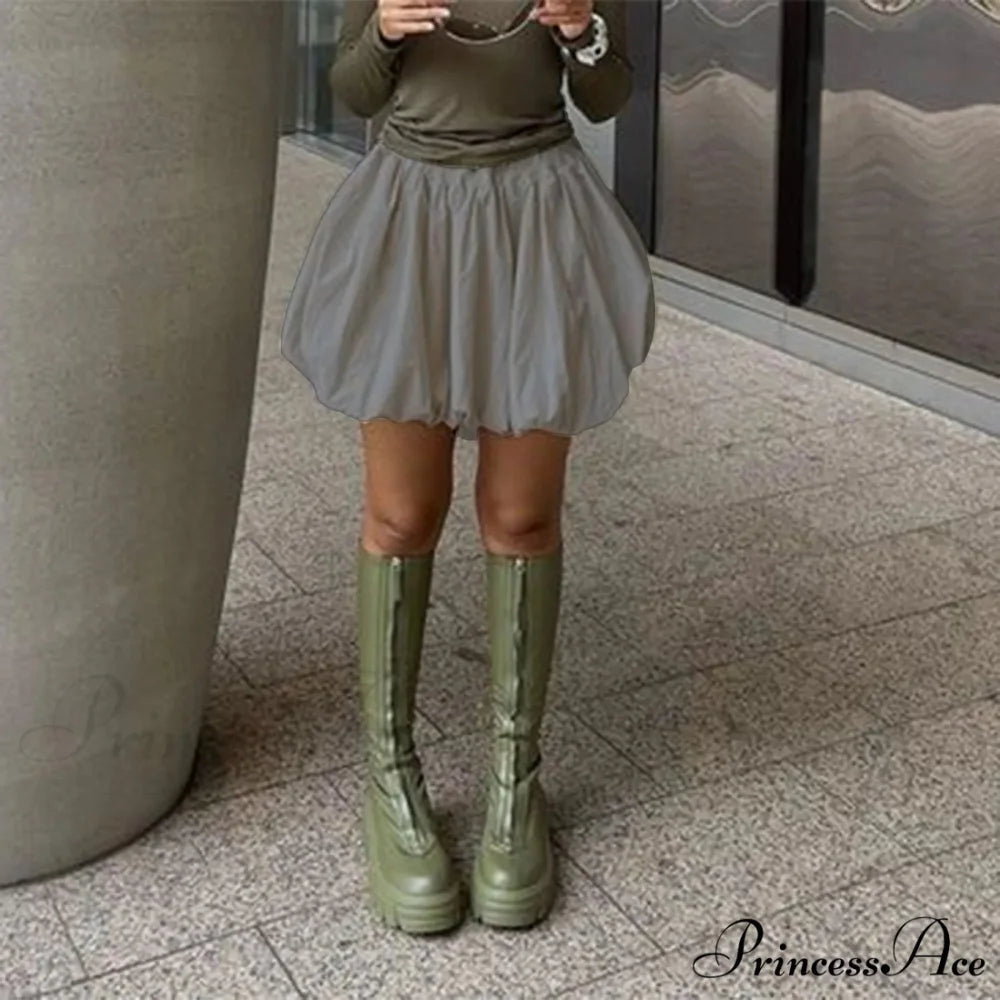 Y2K Bubble Pleated Hem A Line Mini Skirt grey / S