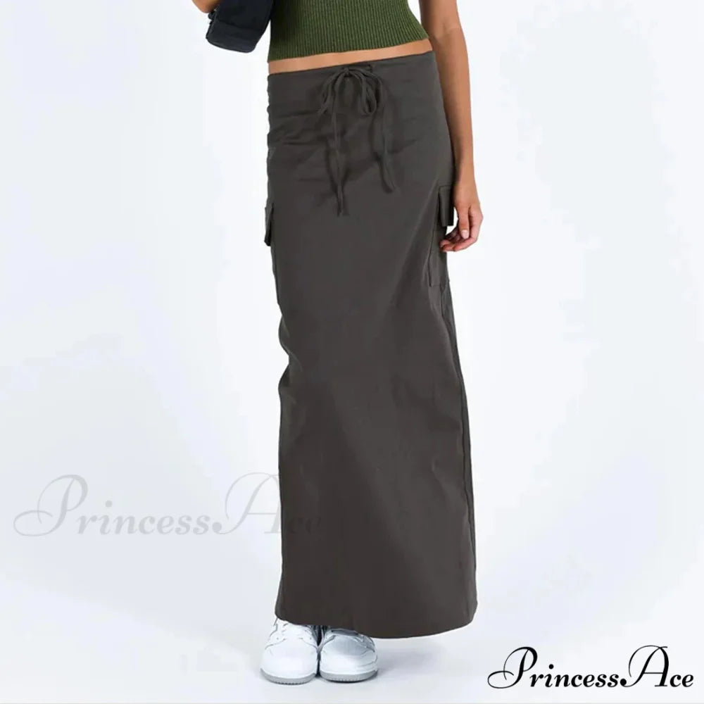 Y2K Cargo Drawstring Bodycon Slit Maxi Skirt Dark Grey / S