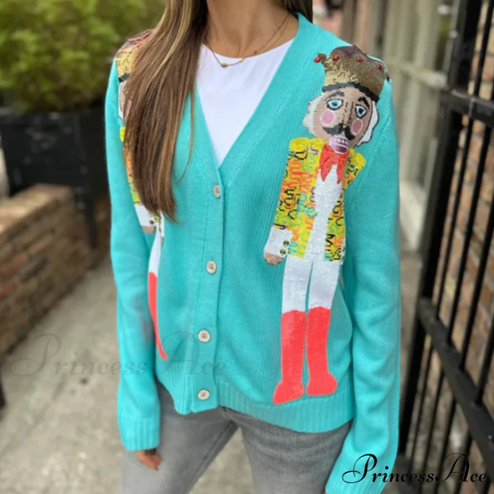 Y2K Cartoon Soldiers Sequin Cropped Cardigan blue / S