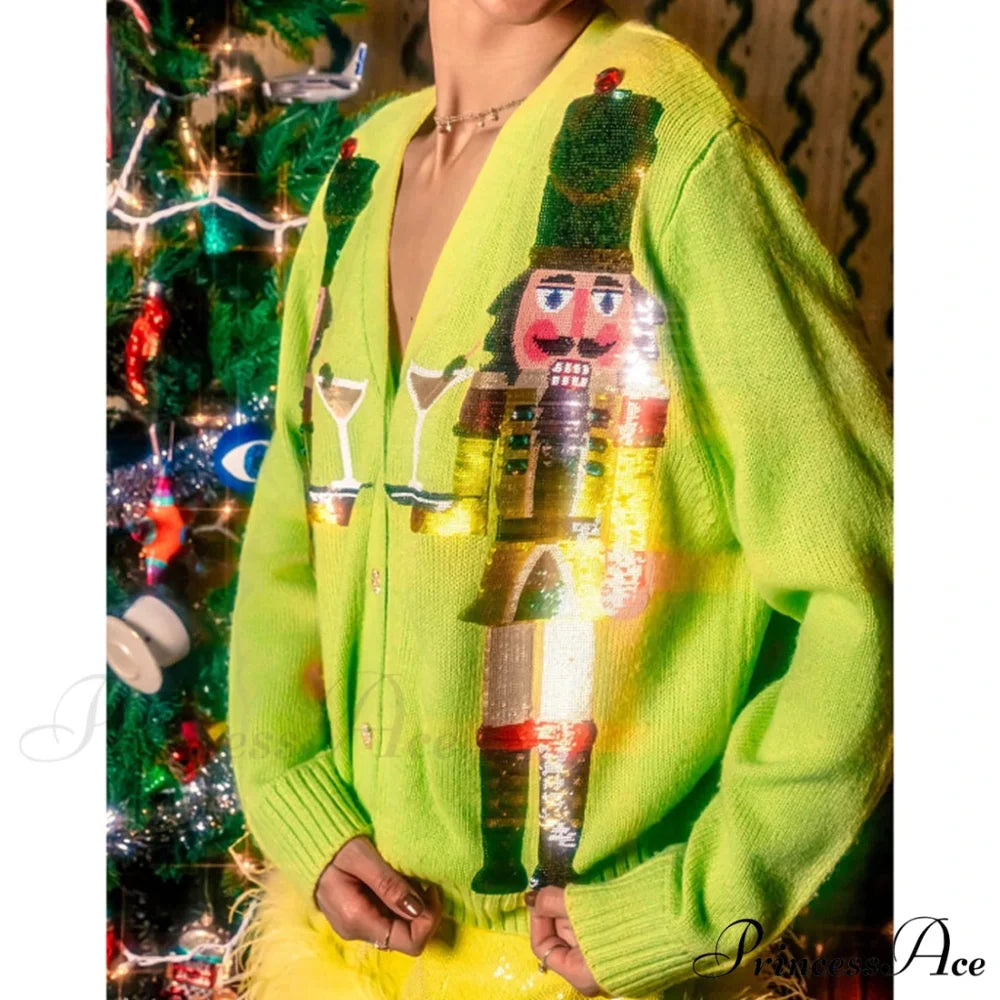 Y2K Cartoon Soldiers Sequin Cropped Cardigan light green / S