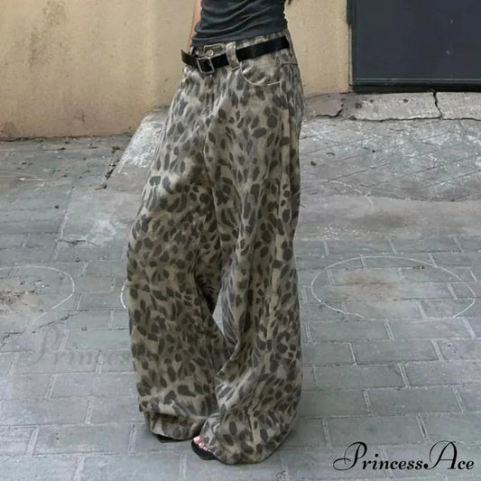 Y2K Cleaned Leopard Print Wide Leg Denim Trousers pants-241228