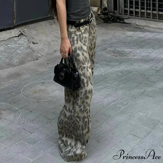Y2K Cleaned Leopard Print Wide Leg Denim Trousers pants-241228