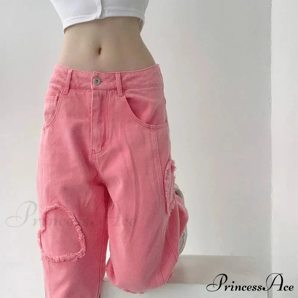 Y2K Cute Pink Heart Shape Jeans