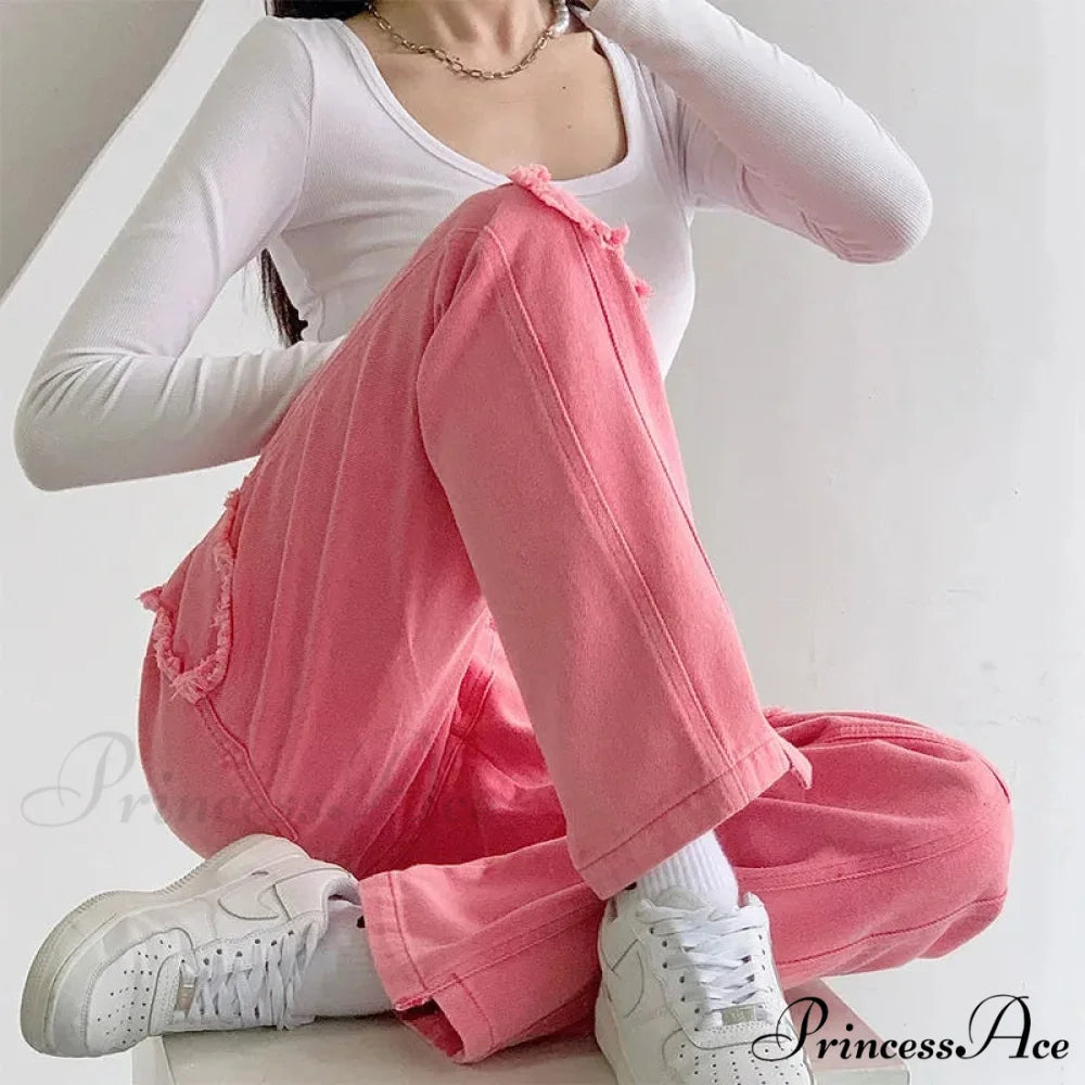 Y2K Cute Pink Heart Shape Jeans