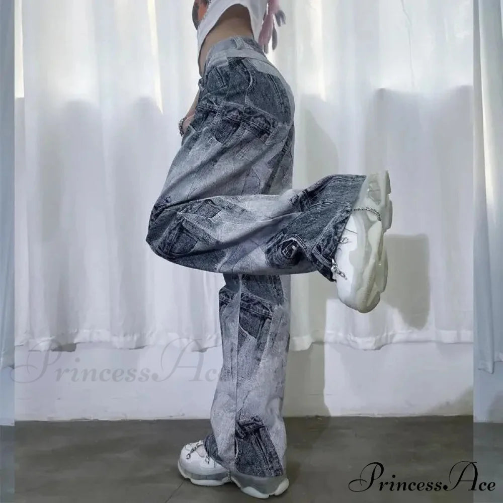 Y2K Cute Pink Heart Shape Jeans Gray / S