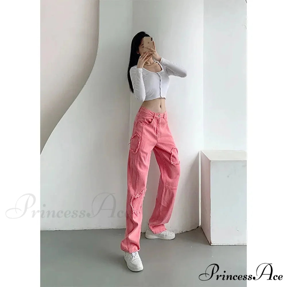 Y2K Cute Pink Heart Shape Jeans Pink / S