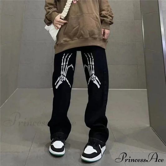 Y2K Dark Embroidered Denim Trousers pants-241228