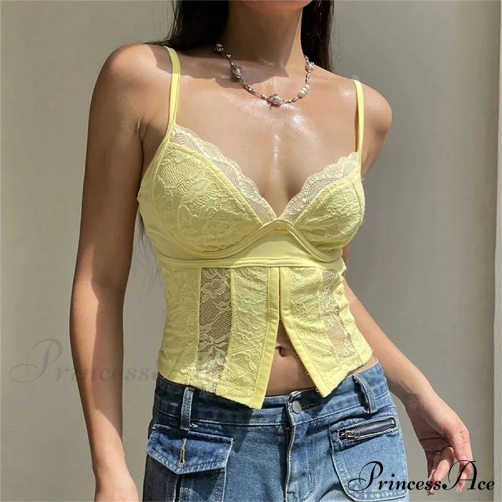 Y2K Deep-neck Bustier Antique Lace Trim Open-back Slim Fit Camisole Crop Top croptop-250126
