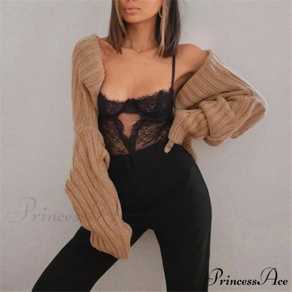 Y2K Descend Shoulder Crop Top Knit Cardigan Dark Khaki / One Size cardigans-241228