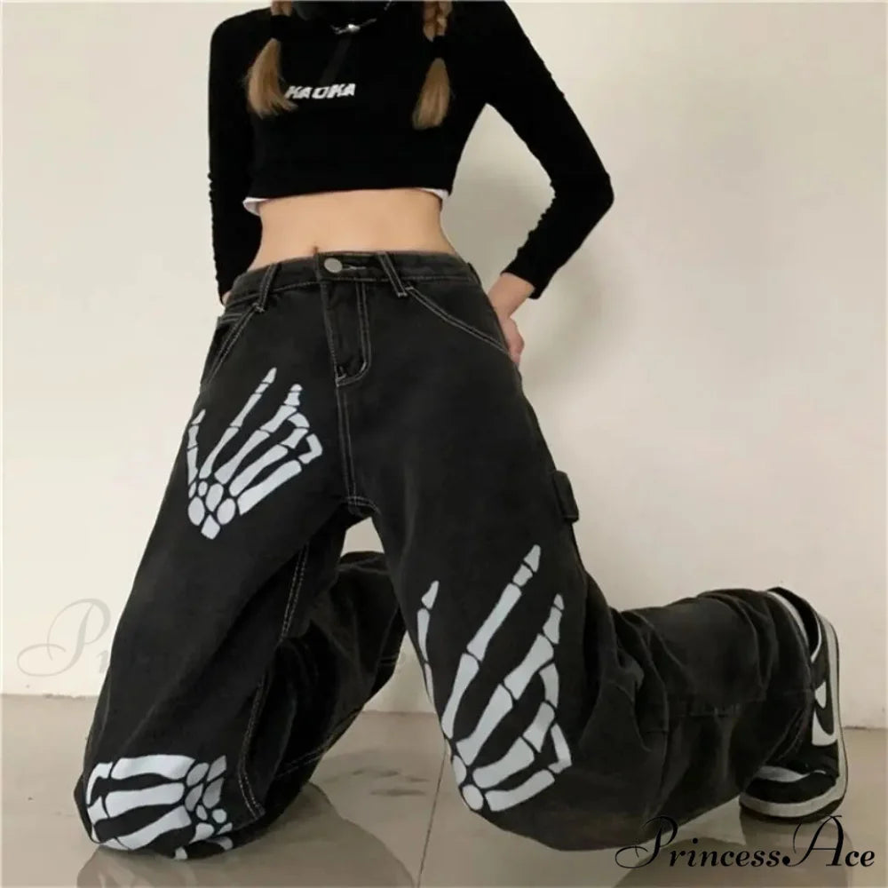 Y2K Ebony Denim Print Urban Trousers pants-241228