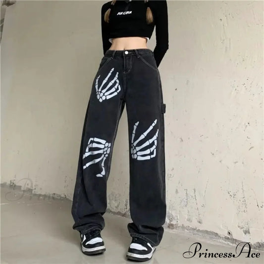 Y2K Ebony Denim Print Urban Trousers pants-241228
