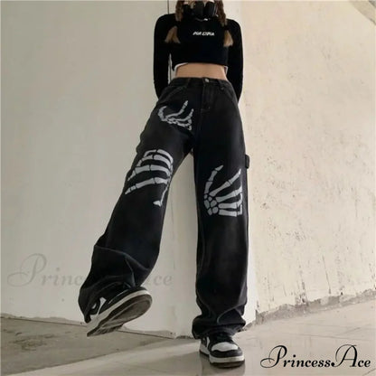 Y2K Ebony Denim Print Urban Trousers pants-241228