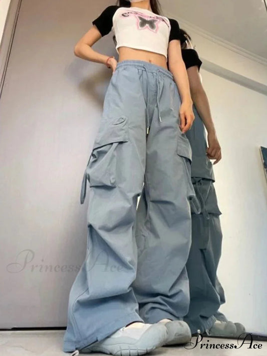 Y2K Elevated Waist Cargo Roomy Trousers Blue / S pants-241228