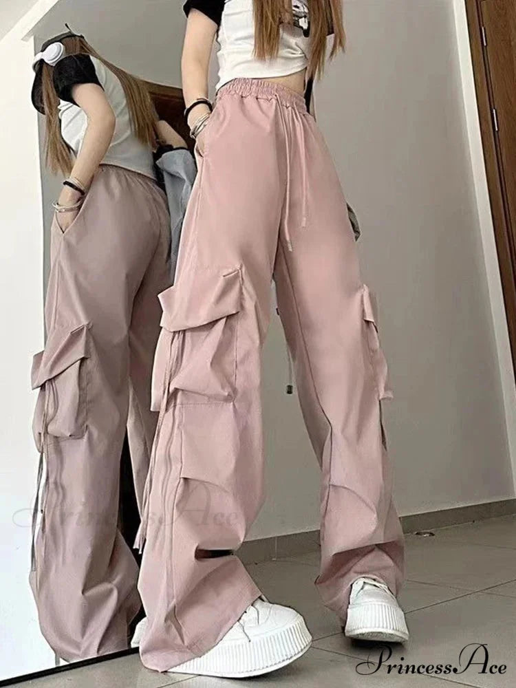 Y2K Elevated Waist Cargo Roomy Trousers Pink / S pants-241228