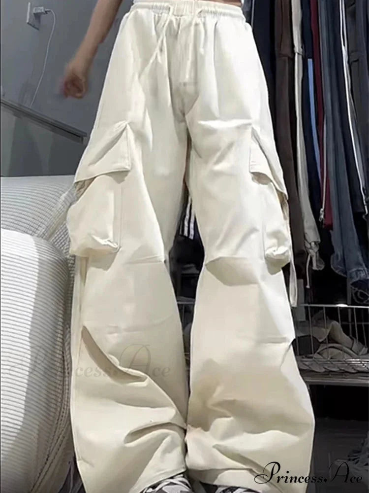Y2K Elevated Waist Cargo Roomy Trousers WHITE / S pants-241228