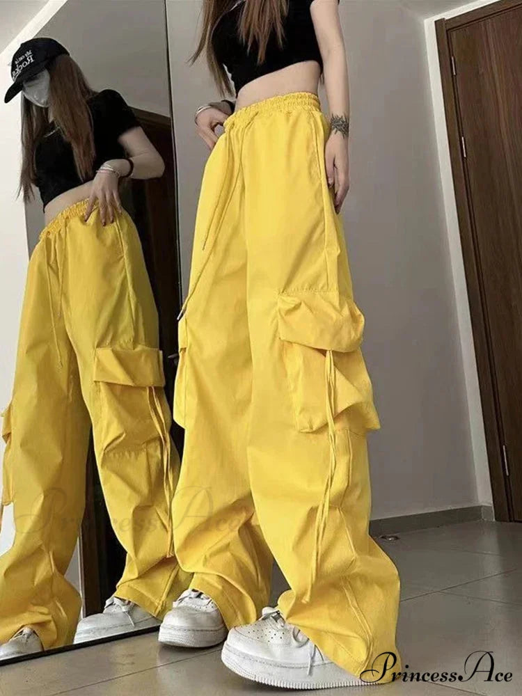 Y2K Elevated Waist Cargo Roomy Trousers Yellow / S pants-241228