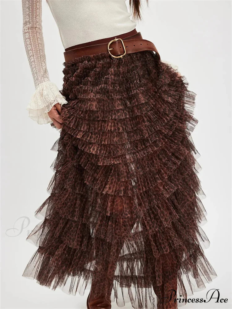 Y2K Enchanting Ruffle Long Slip Skirt Flexible Lace Tulle Tutu Dark Brown / S skirt-250126