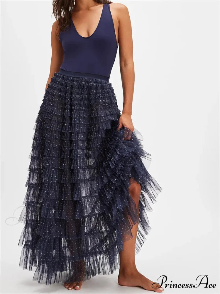 Y2K Enchanting Ruffle Long Slip Skirt Flexible Lace Tulle Tutu Lake Blue / S skirt-250126