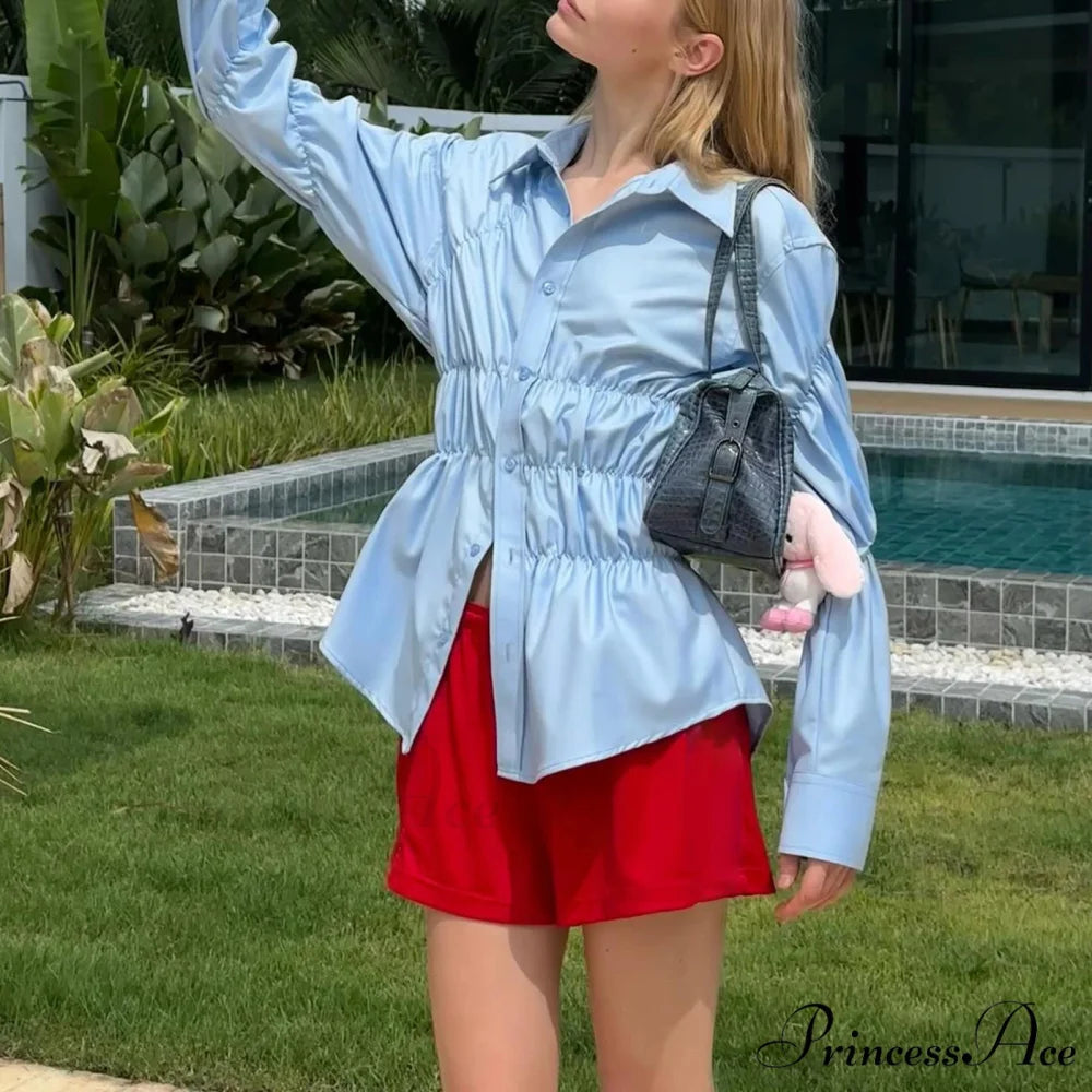 Y2K Extended Sleeve Gathered Blouse blue / S blouse-250223