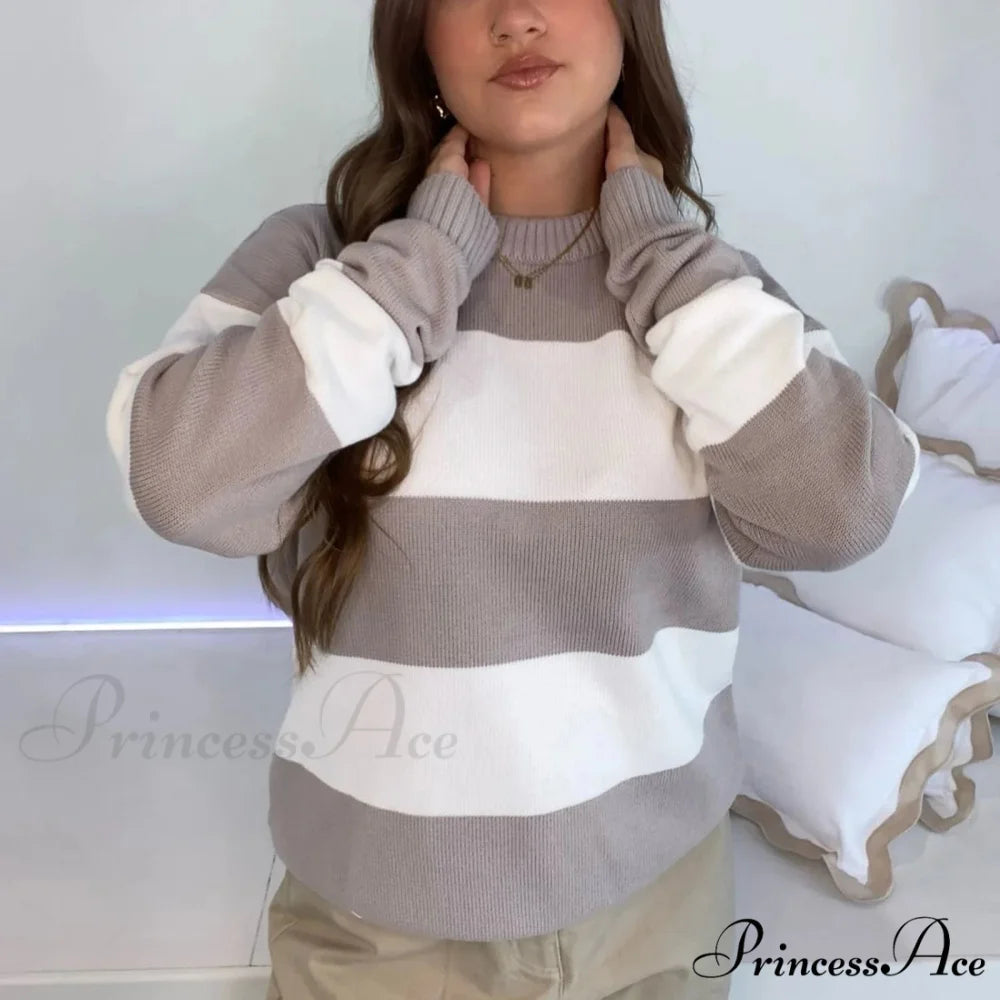 Y2K Fall Baggy Fit Stripe Print Color Block Knit Top GRAY / S knittop-250126