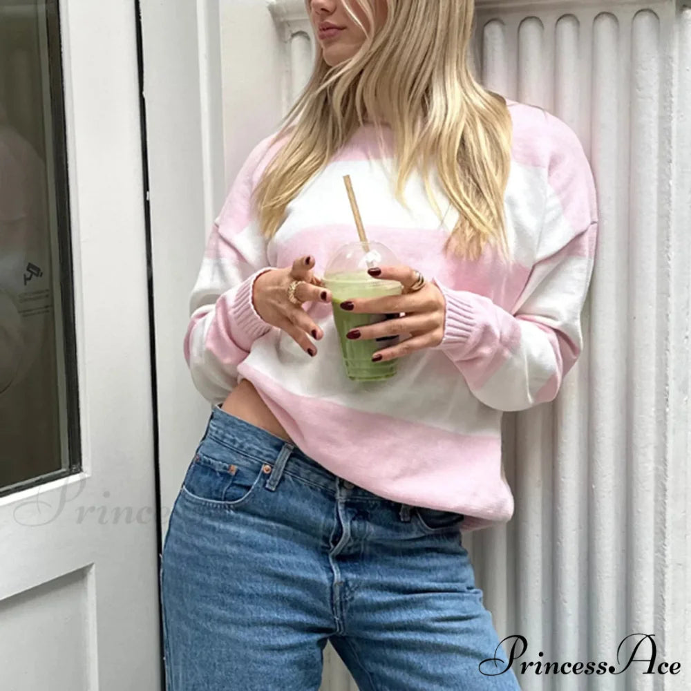 Y2K Fall Baggy Fit Stripe Print Color Block Knit Top knittop-250126