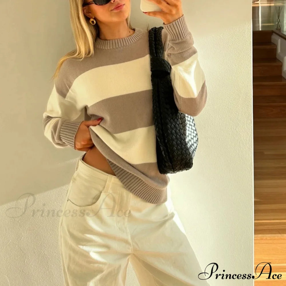 Y2K Fall Baggy Fit Stripe Print Color Block Knit Top knittop-250126