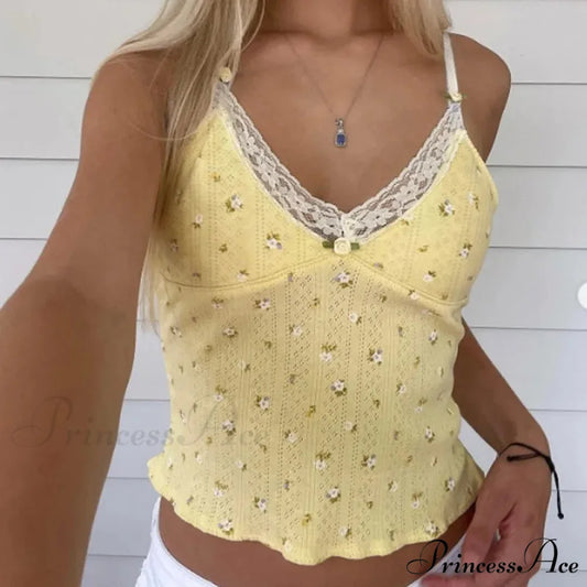Y2K Flowery Design Lace Patchwork Sleeveless Trim Crop Top Yellow / S croptop-250126