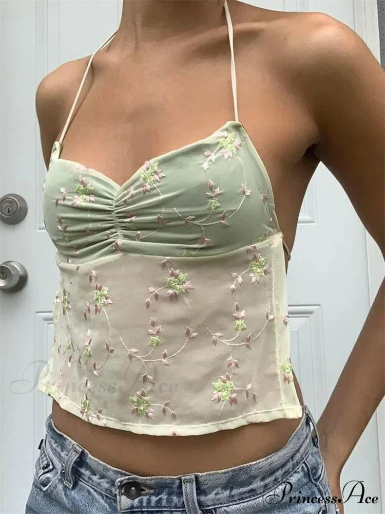 Y2K Flowery Open-back Lace-up Halter Crop Top Green / S croptop-250126