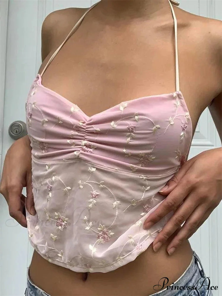 Y2K Flowery Open-back Lace-up Halter Crop Top Pink / S croptop-250126