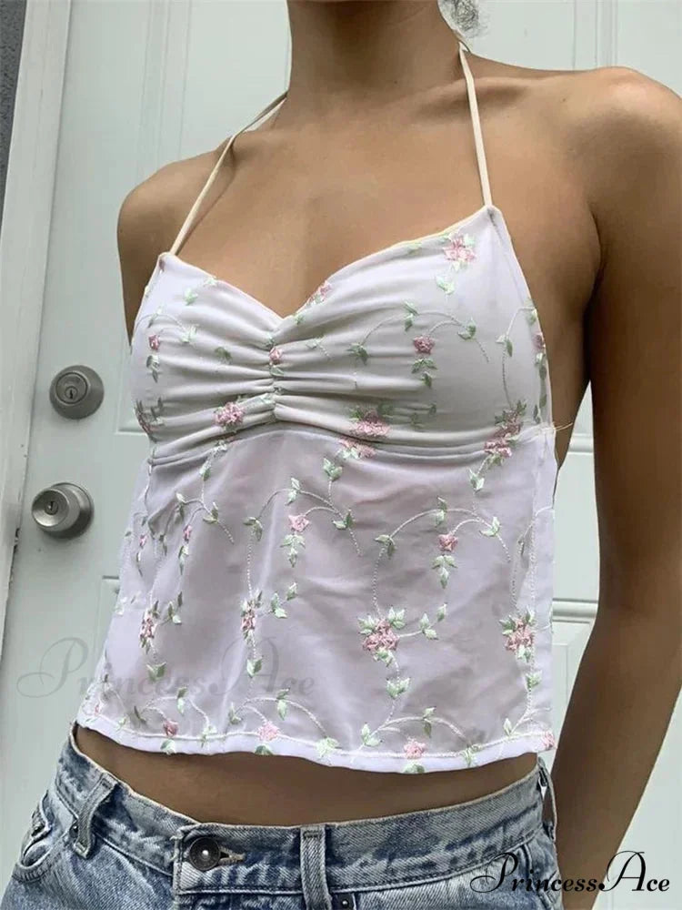 Y2K Flowery Open-back Lace-up Halter Crop Top WHITE / S croptop-250126