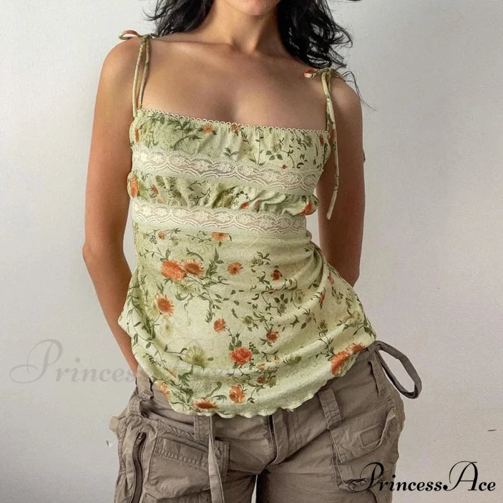 Y2K Flowery Print Contrast Lace Patchwork Lace-up Flirtatious Grunge Crop Top croptop-250126