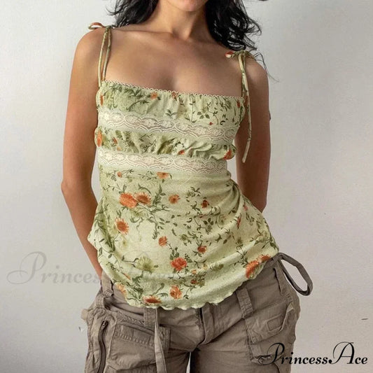 Y2K Flowery Print Contrast Lace Patchwork Lace-up Flirtatious Grunge Crop Top croptop-250126