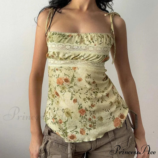 Y2K Flowery Print Contrast Lace Patchwork Lace-up Flirtatious Grunge Crop Top Green / S croptop-250126