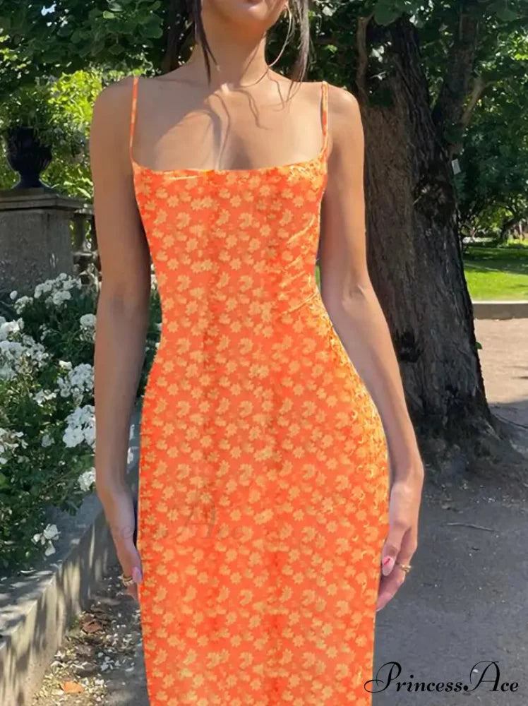 Y2K Flowery Print Thin Strap Open-Back Summery Flowery Dress ORANGE / S floraldress-250126