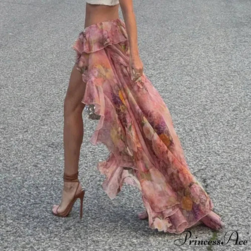 Y2K Flowery Printed Lower Waist Lace Vacation Skirt skirt-250126