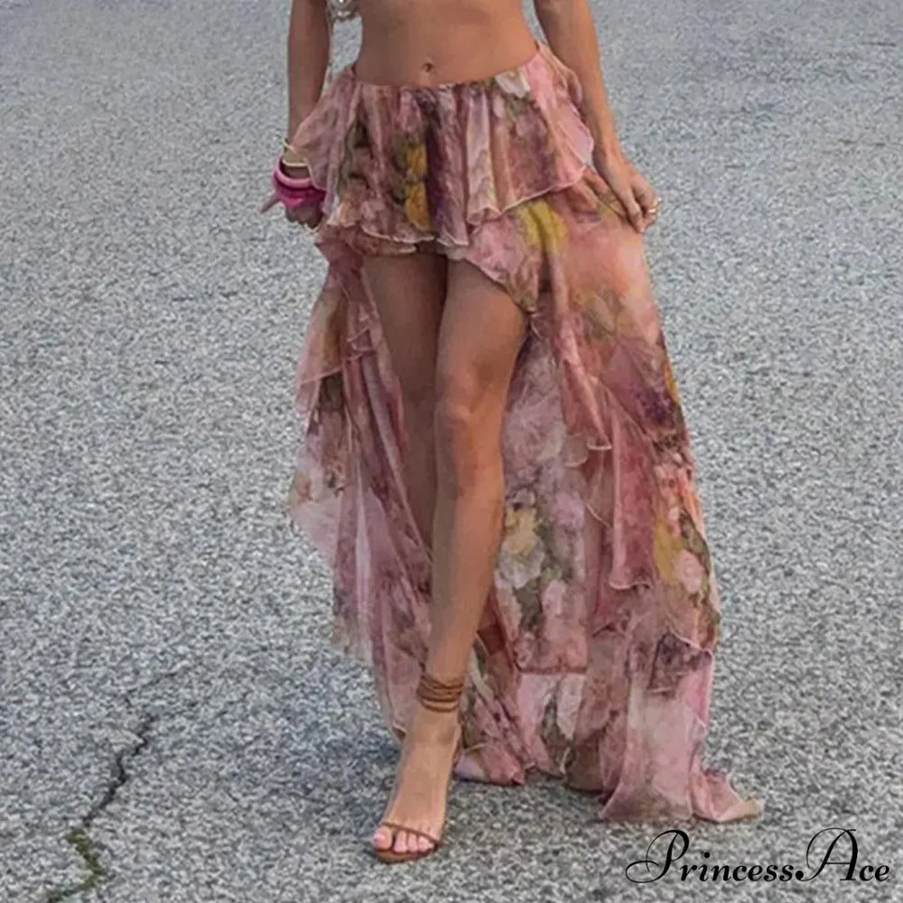 Y2K Flowery Printed Lower Waist Lace Vacation Skirt Mixed Color / S skirt-250126