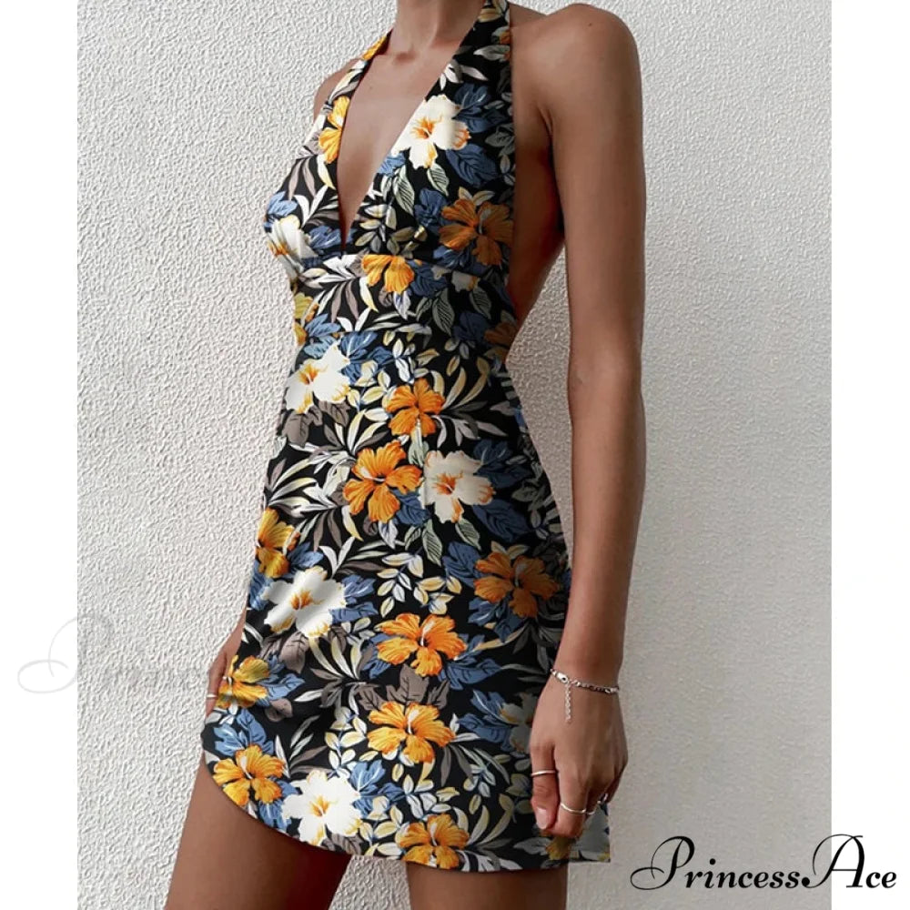 Y2K Flowery Sleeveless Halter Neck Backless Floral Dress floraldress-250126