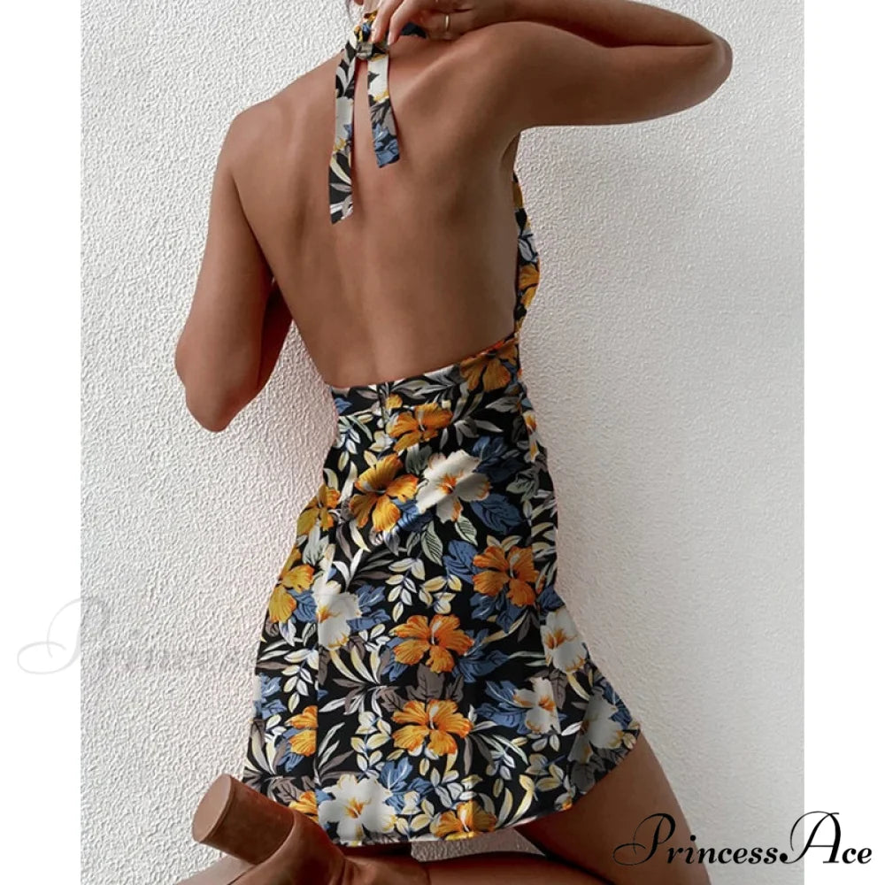 Y2K Flowery Sleeveless Halter Neck Backless Floral Dress floraldress-250126