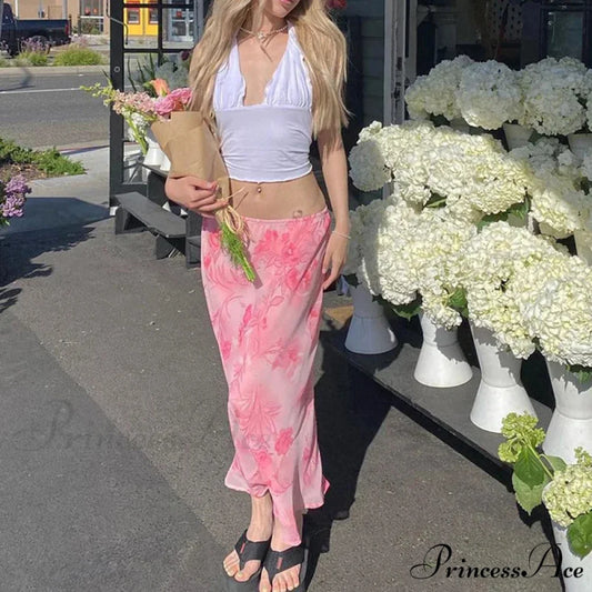 Y2K Flowery Straight Leg Baggy Trimmed Low Waist Summer Skirt PINK / S skirt-250126