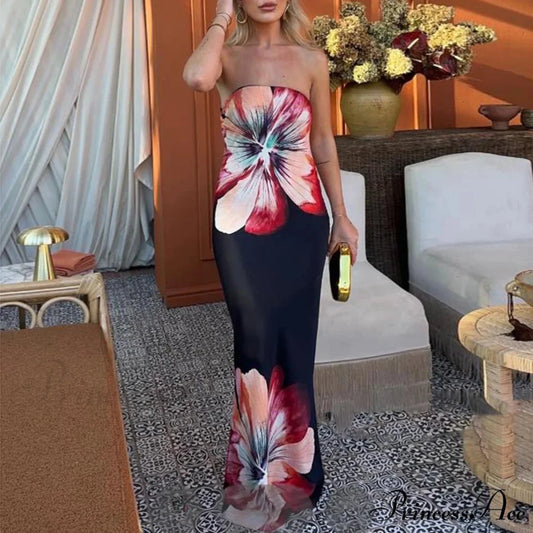 Y2K Flowery Tube Bandeau Open-back Sundress Black / S floraldress-250126